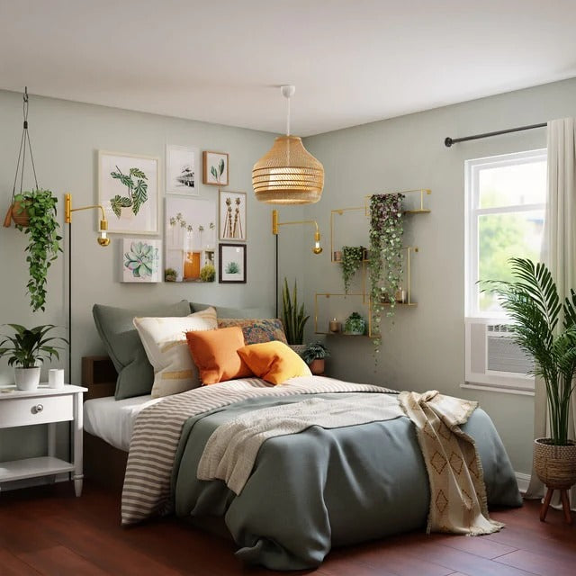 Grey and striped bed comforter with white bed sheets and pillows on bed