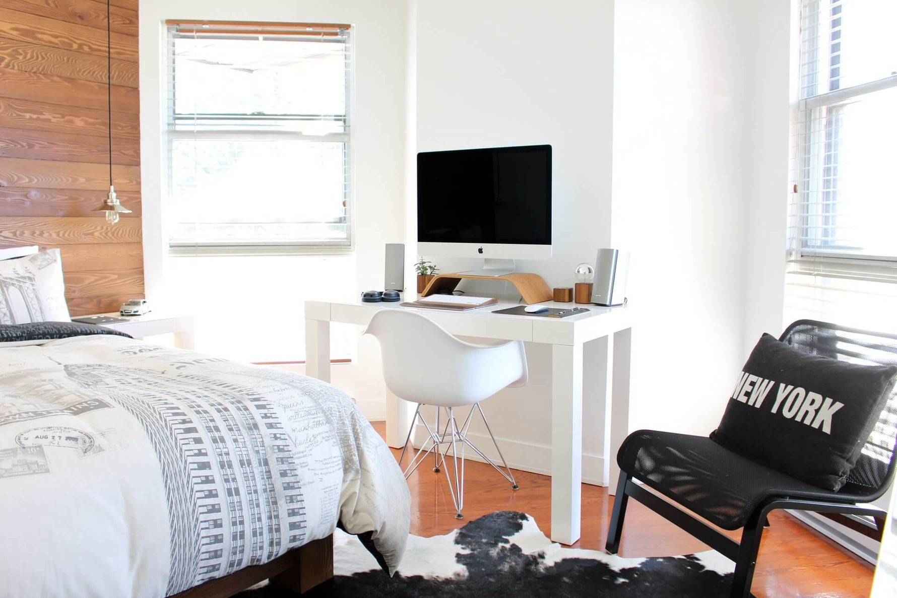 white dorm room comforter set and desk