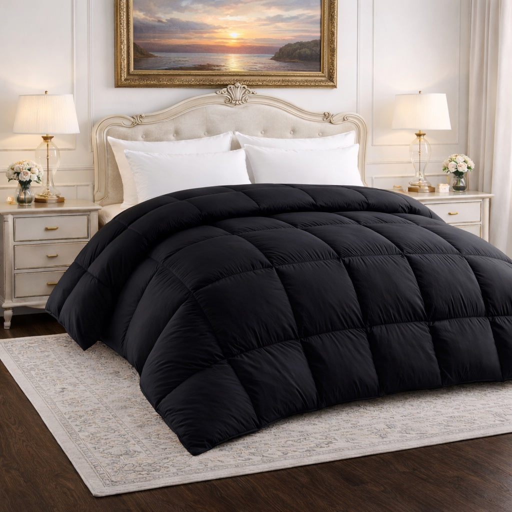 Goose Down Comforter Luxurious 750 Fill Power - 100% Egyptian Cotton Cover - Black (Solid)
