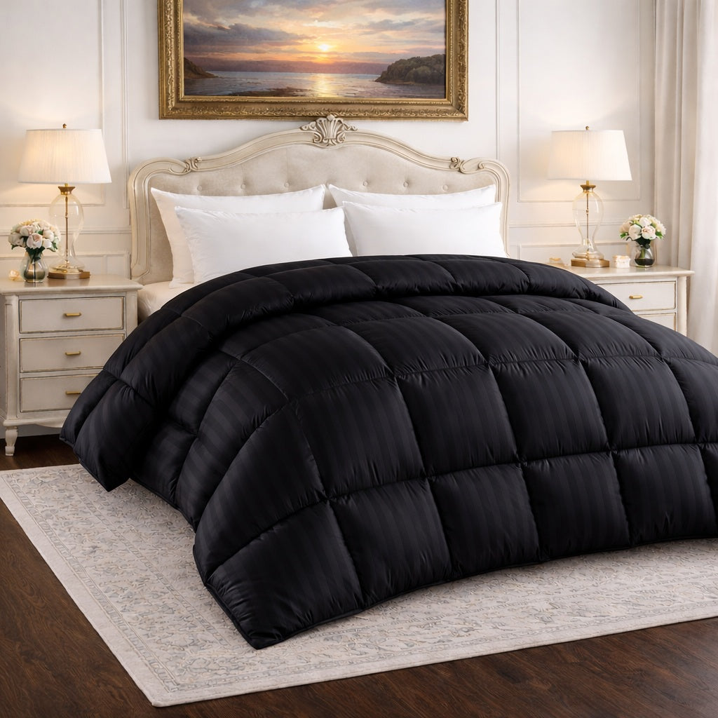 Goose Down Comforter Luxurious 750 Fill Power - 100% Egyptian Cotton Cover - Black (Stripe)