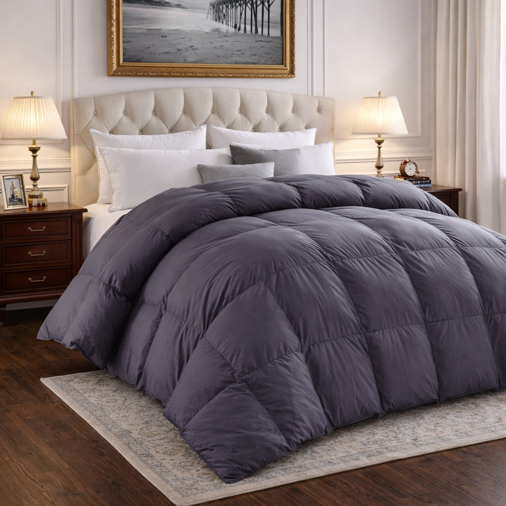 Goose Down Comforter Luxurious 750 Fill Power - 100% Egyptian Cotton Cover - Gray (Solid)