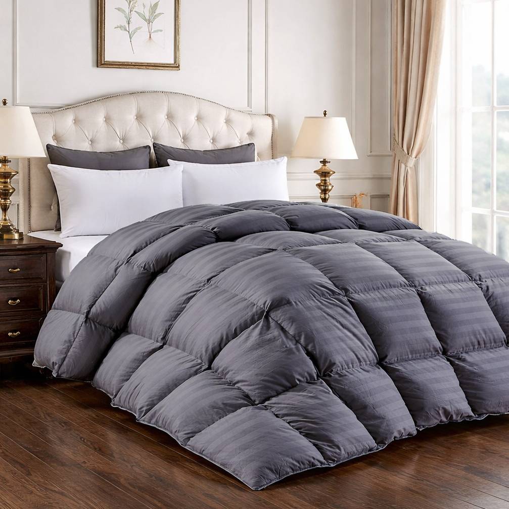 Goose Down Comforter Luxurious 750 Fill - 100% Egyptian Cotton Cover - Gray (Stripe)