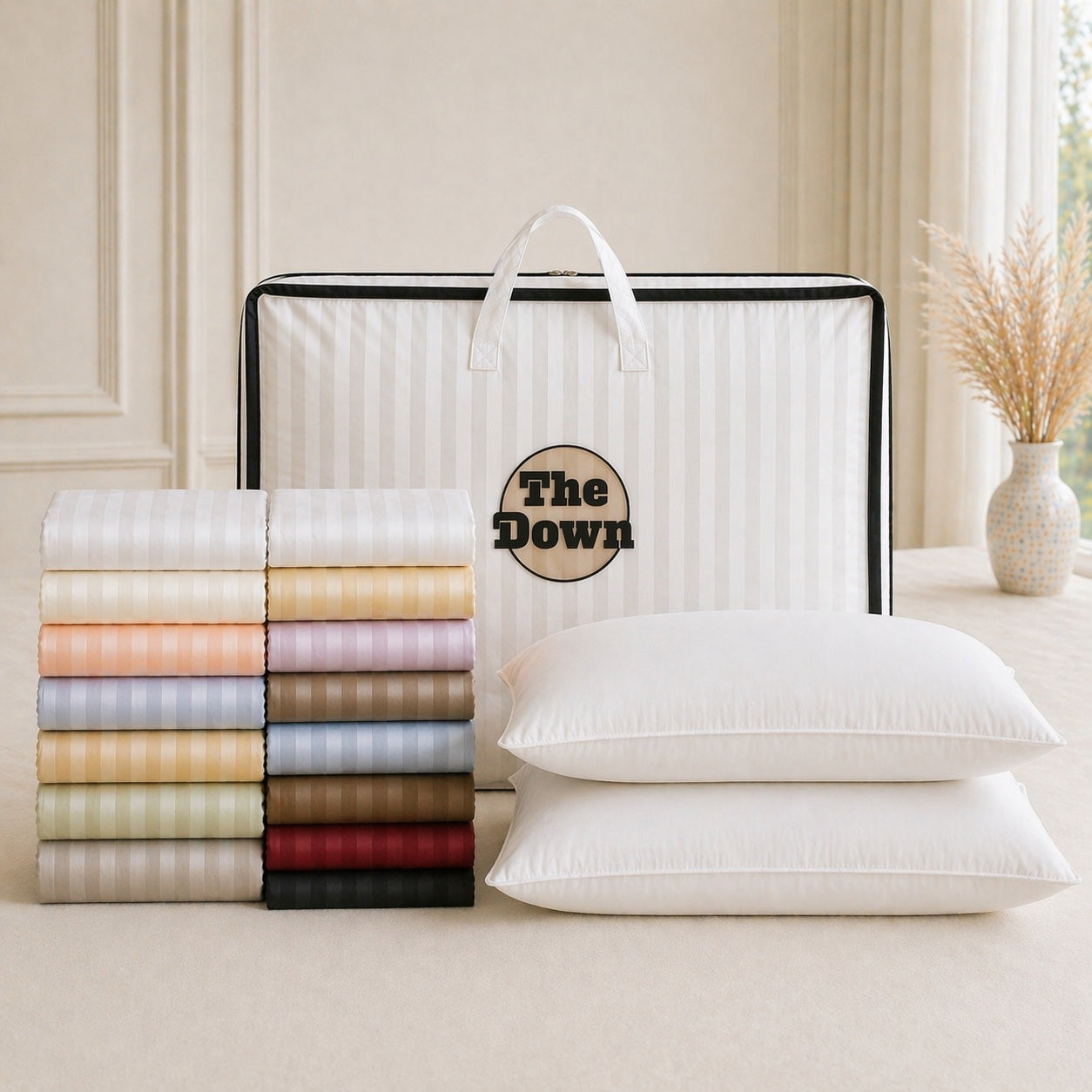 10 Pc Goose Down Bedding Bundle - 1200 Thread Count Egyptian Cotton (Stripe)