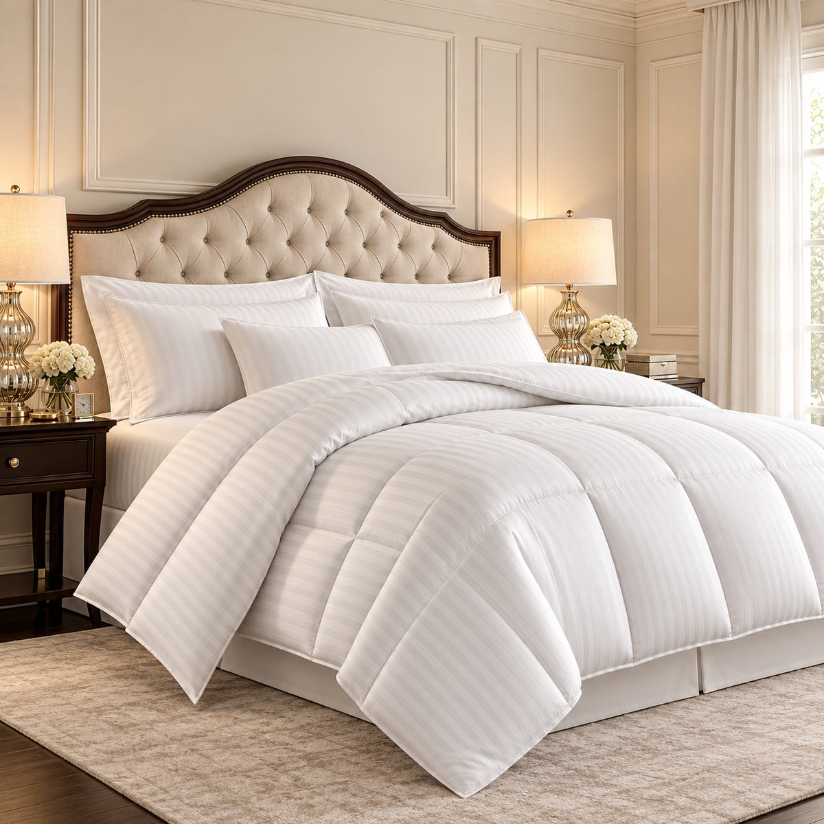 Goose Down Comforter Luxurious 750 Fill Power All Year Warm White Stripe - 100% Egyptian Cotton Cover