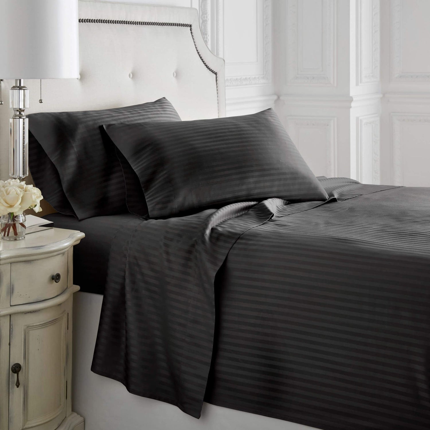 600 Thread Count Egyptian Cotton Stripe Duvet Cover Sets in Black
