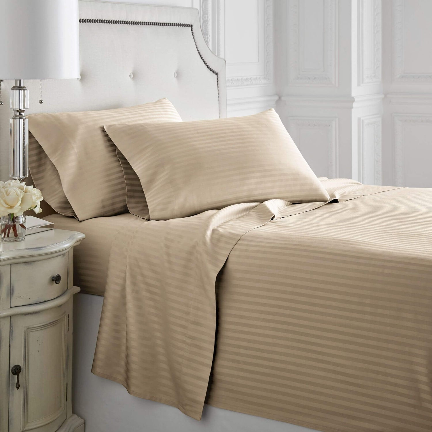 8Pc Egyptian Cotton Goose Down Bed in a Bag - Stripe - Beige